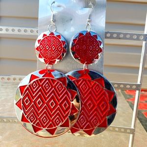 4" Red/Silver Metal Tribal Earrings